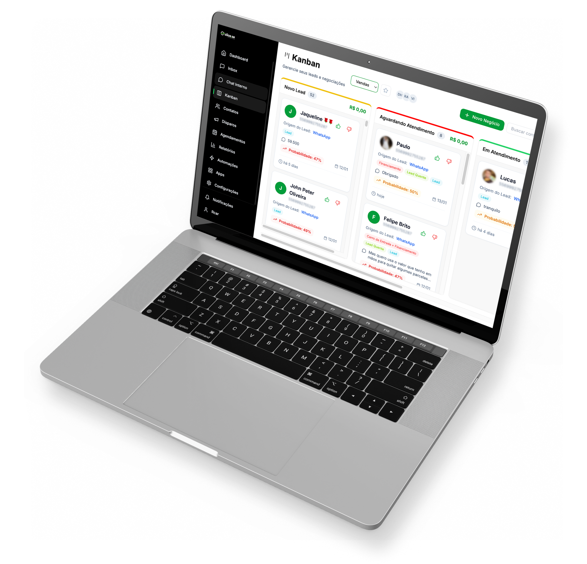 Mockup do laptop mostrando o dashboard do Clica.Se CRM com funil de vendas e gestão de leads